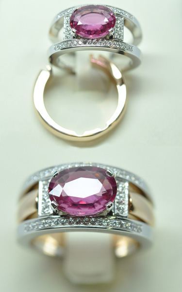 Pink diamonds sapphire ring. Rose gold and white gold.