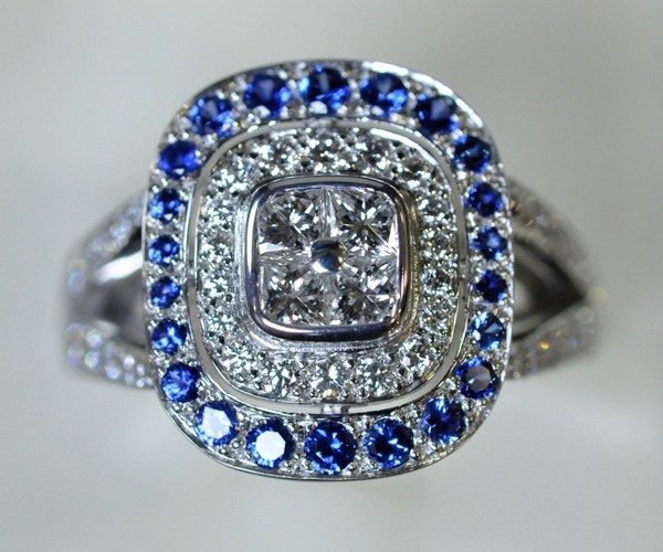 Sapphire diamond ring. White gold frame