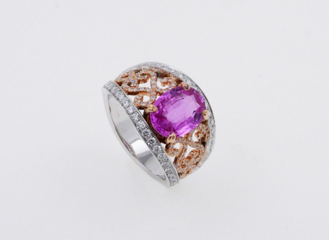 Ring two -color gang in rose gold and palladed white gold, sapphire and diamonds