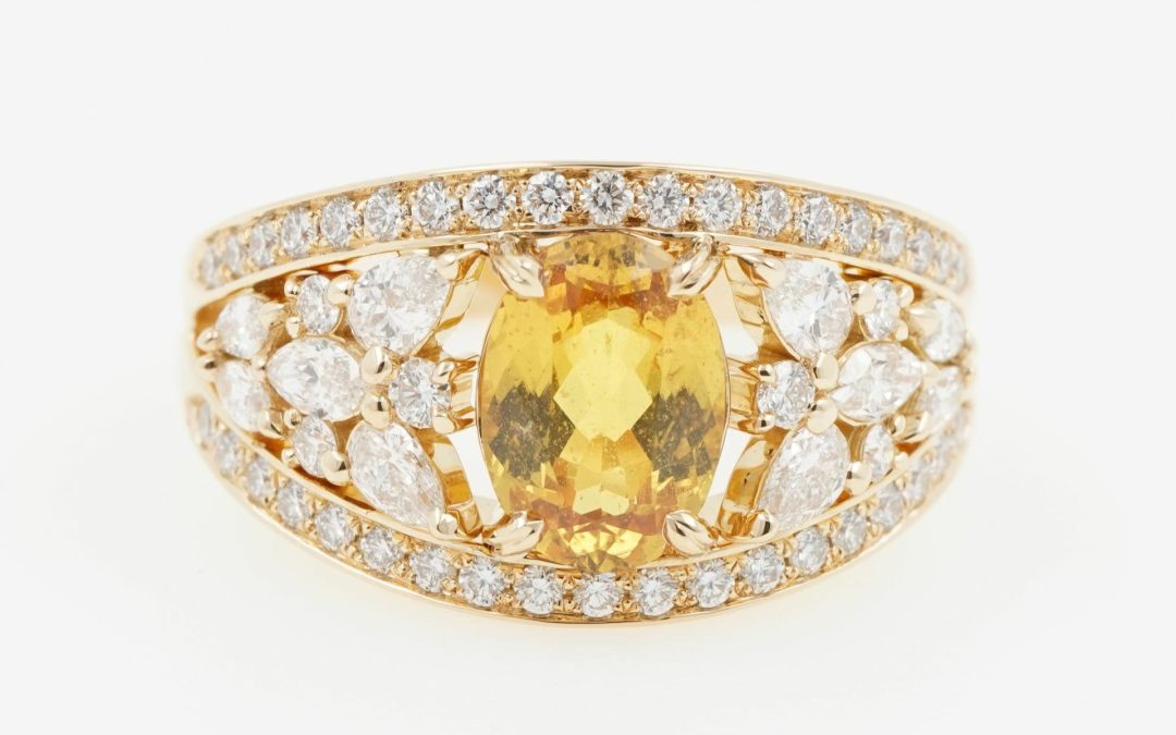 Bague Bandeau Saphir Jaune Et Diamants, Bicolore En Or Blanc Palladié Et Or Rose
