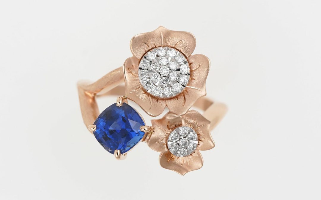 Bague Fleur En Or Rose Saphir Et Diamants