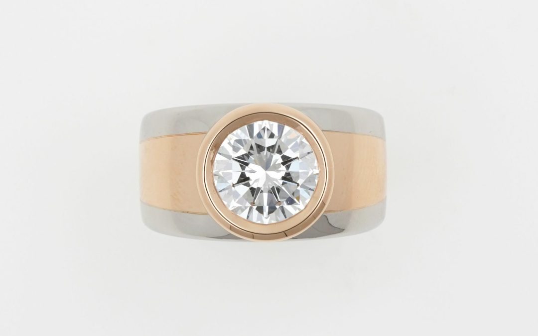 Solitaire Bandeau Diamant, Bicolore En Or Blanc Palladié Et Or Rose