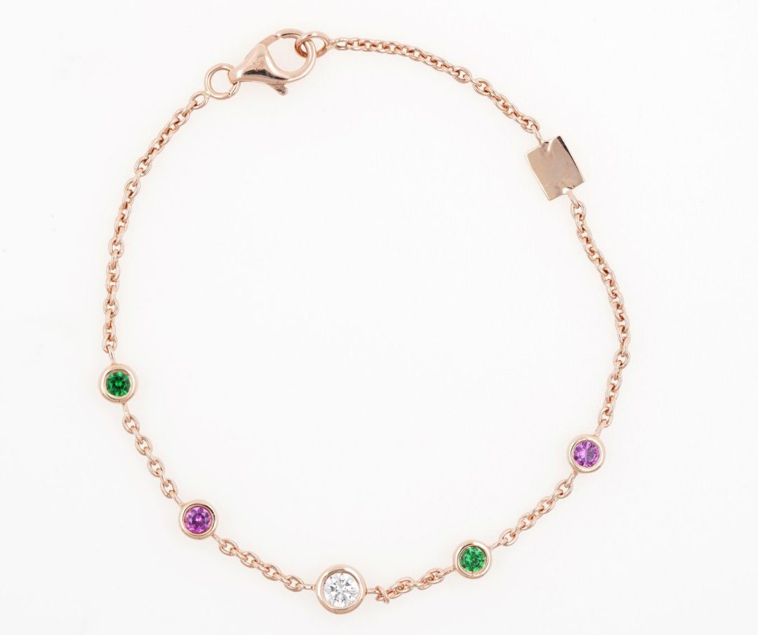 Rose gold bracelet set with diamonds, green tsavorite garnets and rose sapphires in bezel settings, colorful handcrafted jewelry by Bijouterie Griffon.