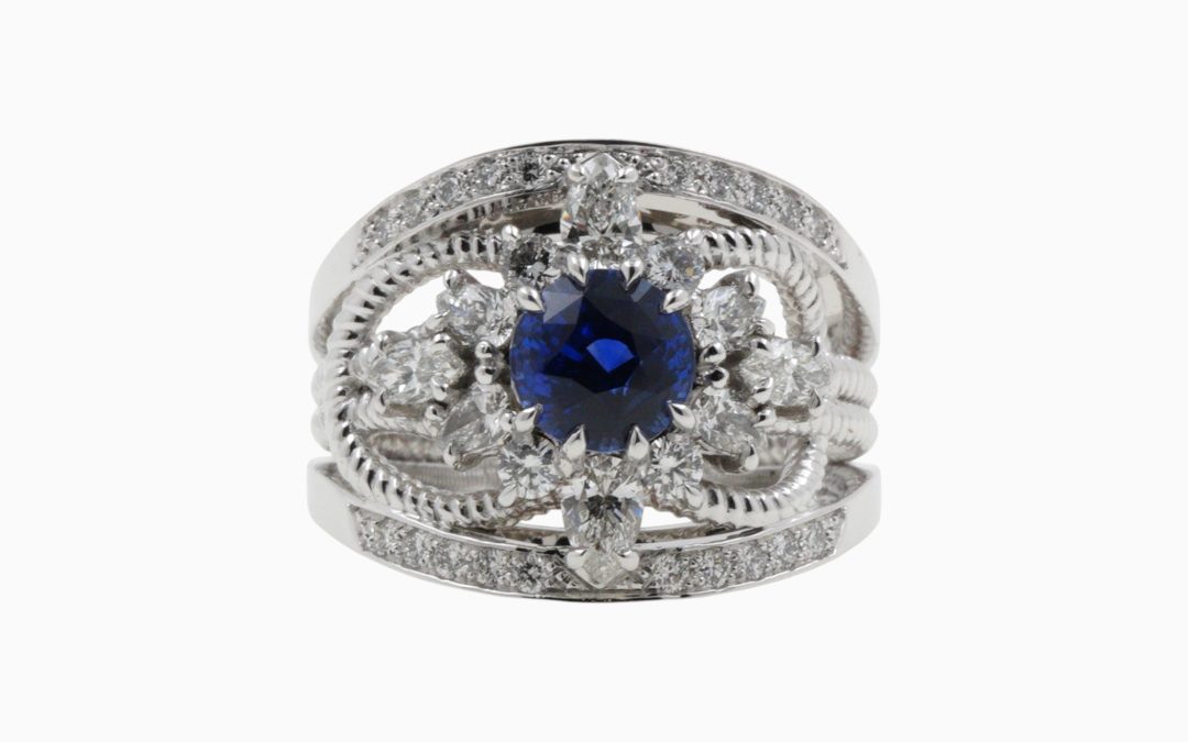 Bague Bandeau Saphir Bleu Ciselé